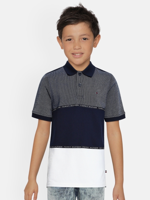 

Tommy Hilfiger Boys Navy Blue & White Colourblocked Pure Cotton Polo Collar T-shirt