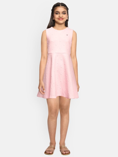 

Tommy Hilfiger Girls Pink Self-Design KG SS AMERI Fit And Flare Dress