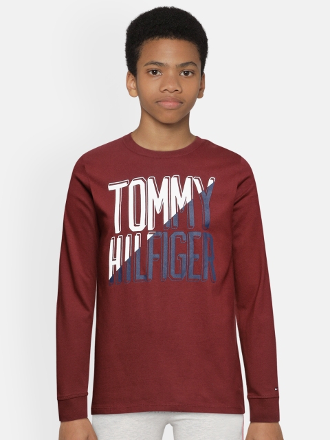 

Tommy Hilfiger Boys Maroon Brand Logo Printed Pure Cotton Round Neck T-shirt