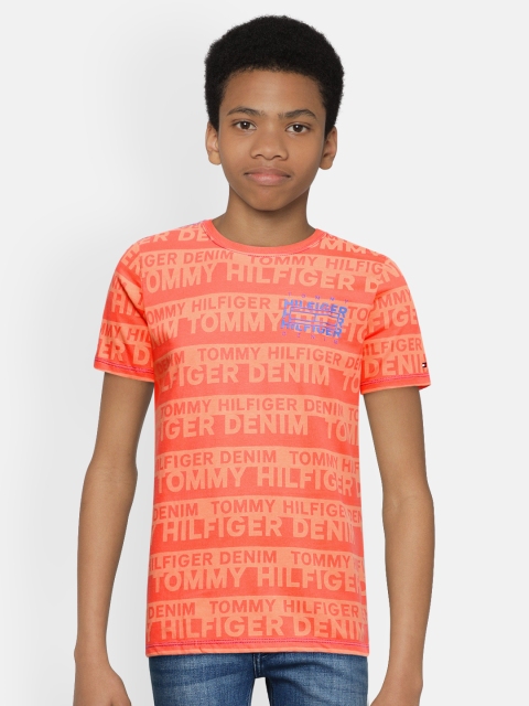 

Tommy Hilfiger Boys Coral Orange Brand Logo Printed Round Neck Pure Cotton T-shirt