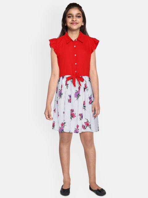 

YK Girls Red & White Striped A-Line Dress with Floral Print Detail