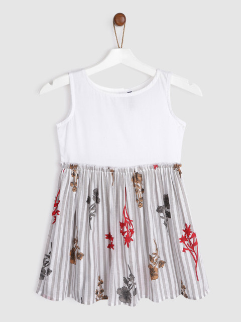 

YK Girls White & Grey Striped & Floral Print Cotton Fit and Flare Dress