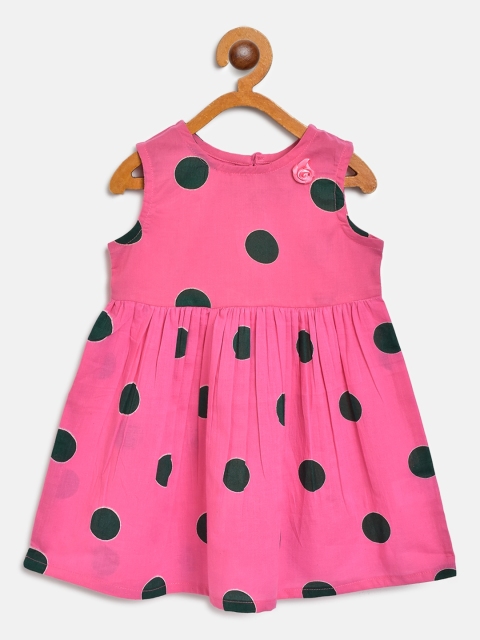 

YK Infant Girls Pink & Black Cotton Polka Dot Print A-Line Dress