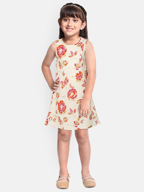 

YK Girls White & Orange Floral Print Cotton A-Line Dress