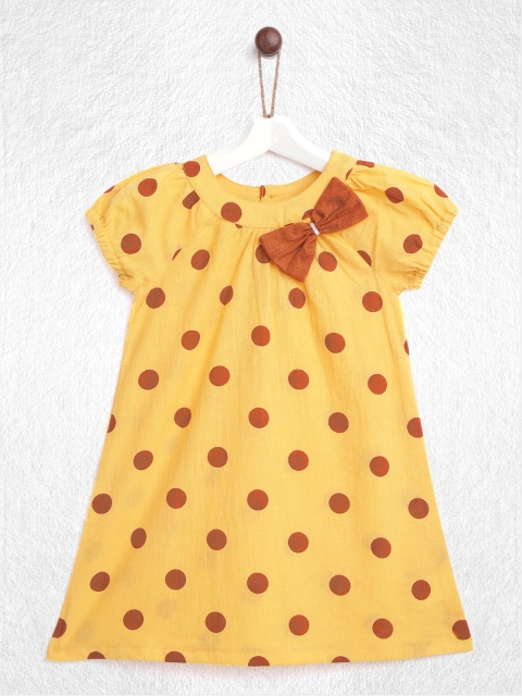 

YK Infant Girls Yellow & Brown Pure Cotton Polka Dot Printed A-Line Dress