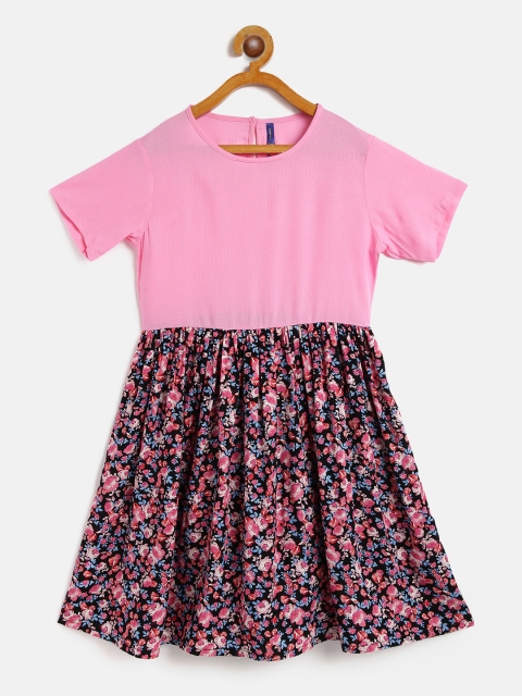 

YK Girls Pink & Navy Blue Floral Print Pure Cotton Fit and Flare Dress with Gathers