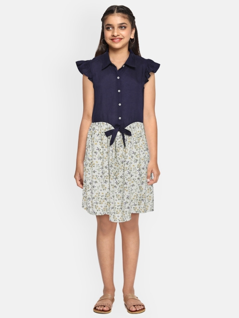 

YK Navy Blue & White Floral Print A-Line Dress