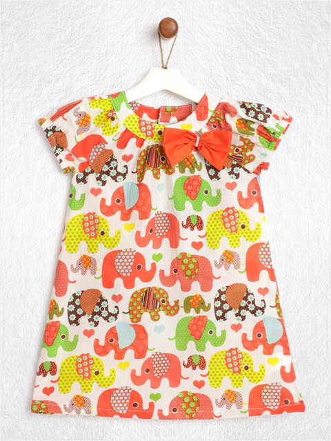 

YK Infant Girls Coral Red & White Elephant Print Pure Cotton Shift Dress