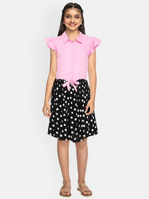 

YK Girls Pink & Black Polka-Dot Print A-Line Dress