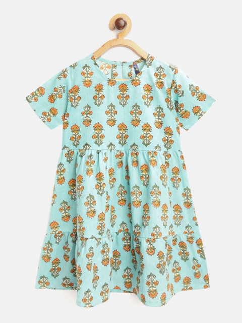 

YK Girls Blue & Orange Floral Print Cotton A-Line Dress