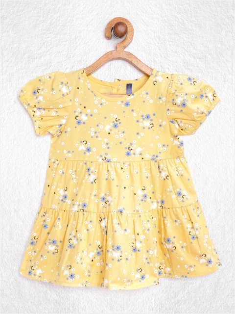 

YK Girls Yellow & Blue Cotton Floral Print Tiered A-Line Dress