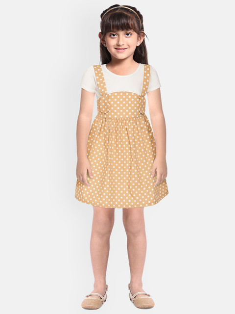 

YK Girls White & Beige Pure Cotton Polka Dot Print A-Line Dress