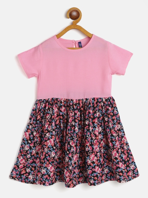 

YK Infant Girls Pink & Navy Blue Floral Print Pure Cotton Fit and Flare Dress with Gathers