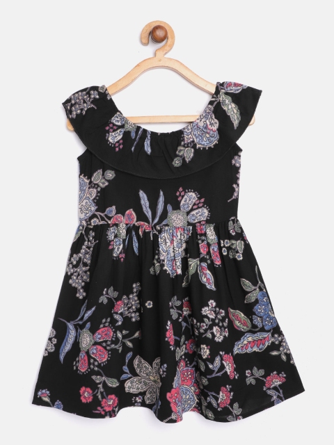 

YK Girls Black & Blue Ethnic Motifs Print Fit & Flare Dress