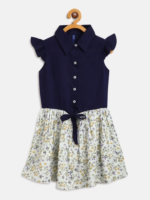 

YK Girls Navy Blue & White Floral Print Cotton A-Line Dress