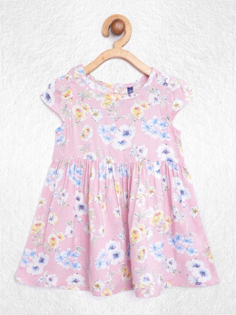 

YK Girls Pink & White Floral Print Fit & Flare Dress