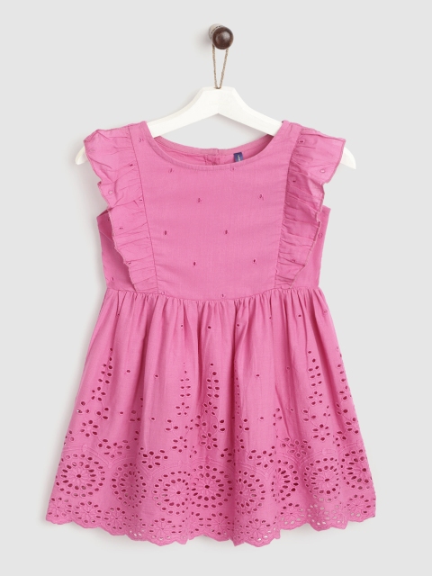 

YK Girls Pink Schiffli Embroidered Pure Cotton Fit and Flare Dress