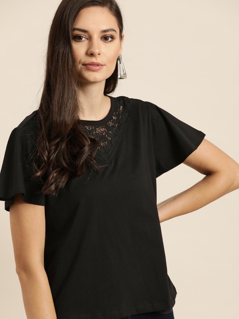 

all about you Women Black Pure Cotton Solid Top With Lace Insert