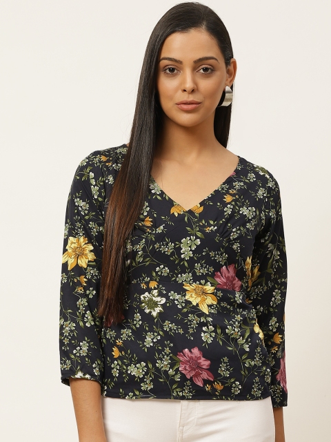 

U&f Navy Blue & Green Floral Printed Wrap Top