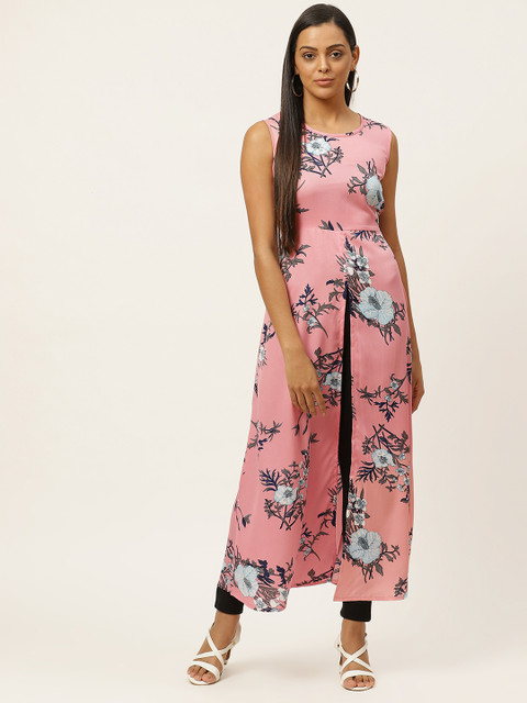 

U&f Pink & Blue Floral Printed Crepe A-line Longline Top