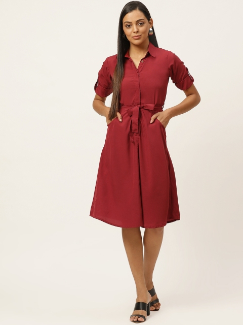 

U&F Women Maroon Solid A-Line Dress