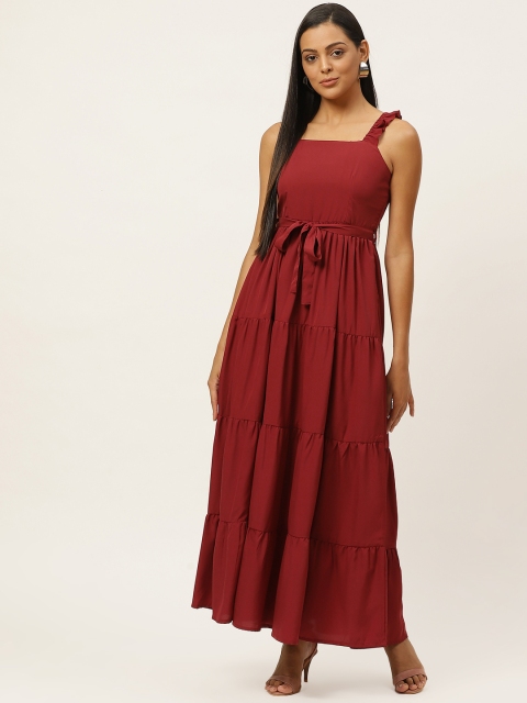 

U&F Women Maroon Solid Tiered A-Line Dress