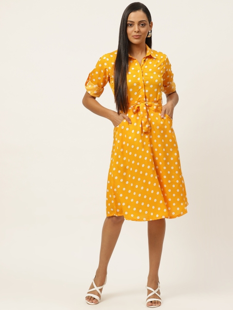 

U&F Women Yellow & White Polka Printed A-Line Dress