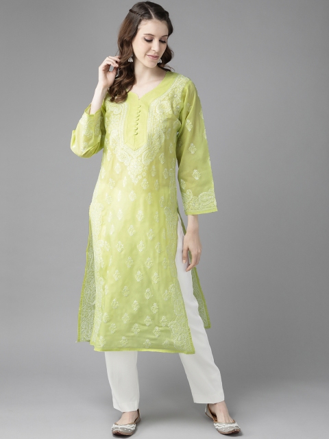 

ADA Women Lime Green & White Ethnic Motifs Embroidered Pure Cotton Chikankari Kurta