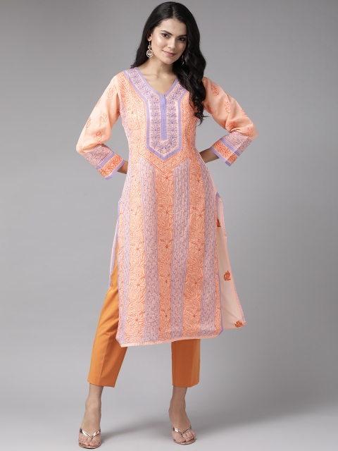 

ADA Women Peach-Coloured & Lavender Sustainable Hand Embroidered Chikankari Kurta