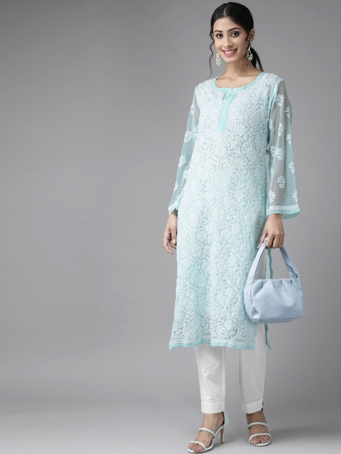 

ADA Women Blue & White Ethnic Motifs Embroidered Chikankari Georgette Kurta with Inner