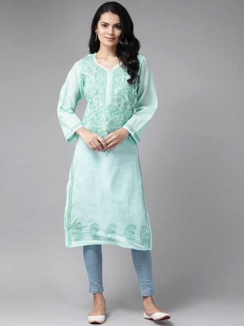 

ADA Women Sea Green Cotton Sustainable Ethnic Motifs Hand Embroidered Chikankari Kurta