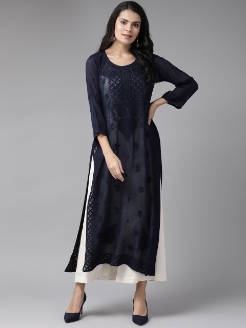 

ADA Women Navy Blue Sustainable Ethnic Motifs Hand Embroidered Chikankari Kurta