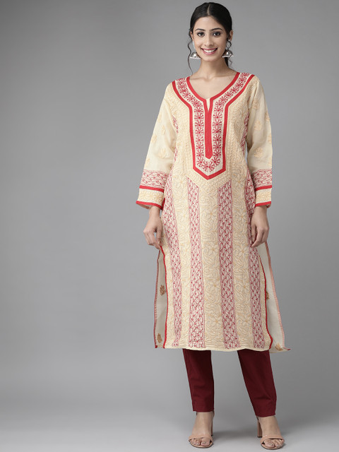 

ADA Women Beige Cotton Sustainable Ethnic Motifs Hand Embroidered Chikankari Kurta