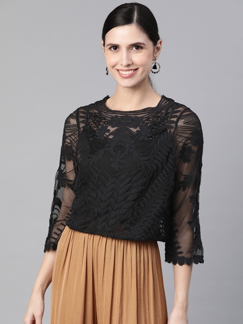 

KASSUALLY Women Black Sheer Floral Embroidered Net Top