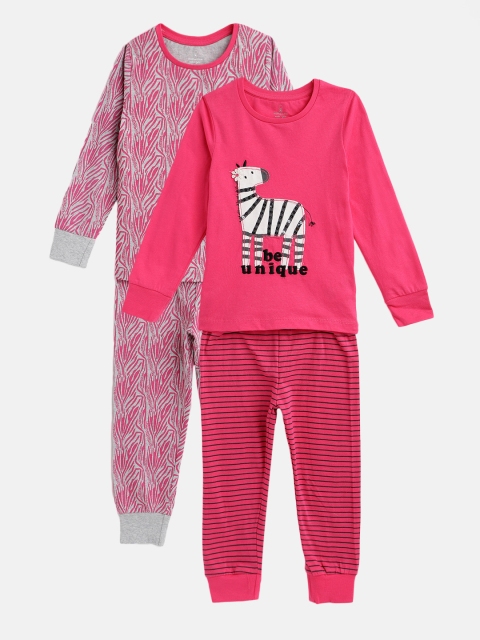 

mothercare Girls Pack of 2 Printed Cotton Night suits, Pink