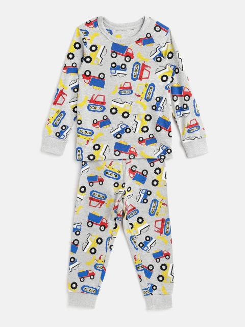 

mothercare Boys Grey Melange & Blue Conversational Print Cotton Night suit