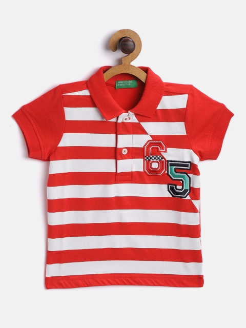 

United Colors of Benetton Boys Red White Striped Pure Cotton Polo Collar Pure Cotton T-shirt
