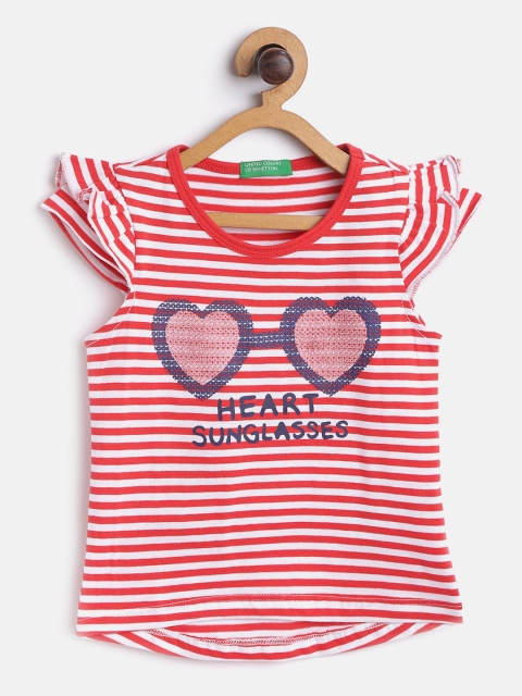 

United Colors of Benetton Girls Red & White Striped Pure Cotton Cap Sleeves Top
