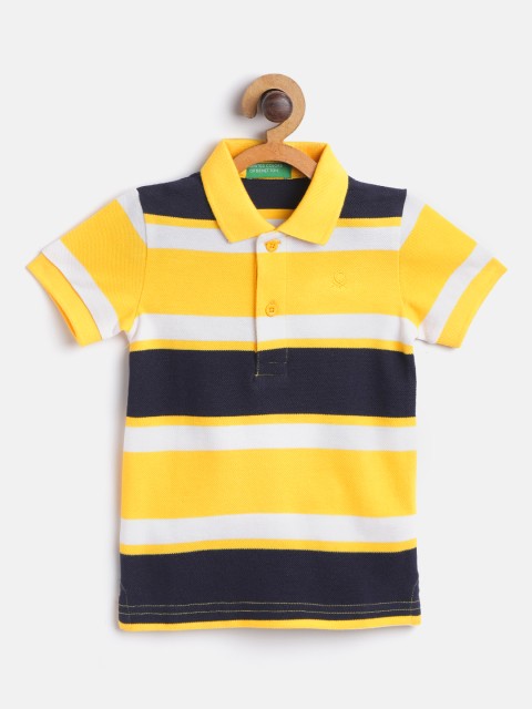 

United Colors of Benetton Boys Yellow Navy Blue Striped Pure Cotton Polo Collar Pure Cotton T-shirt