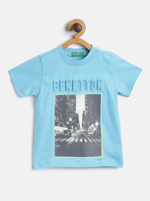 

United Colors of Benetton Boys Blue & Grey Brand Logo & Paris Street Print Cotton T-shirt