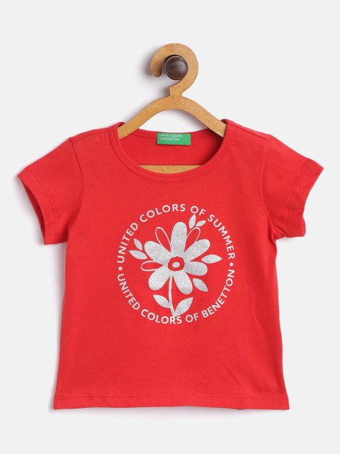 

United Colors of Benetton Girls Red Silver Pure Cotton Floral Print Round Neck Pure Cotton T-shirt