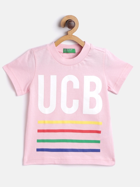 

United Colors of Benetton Boys Pink & White Cotton Brand Logo Printed Round Neck T-shirt