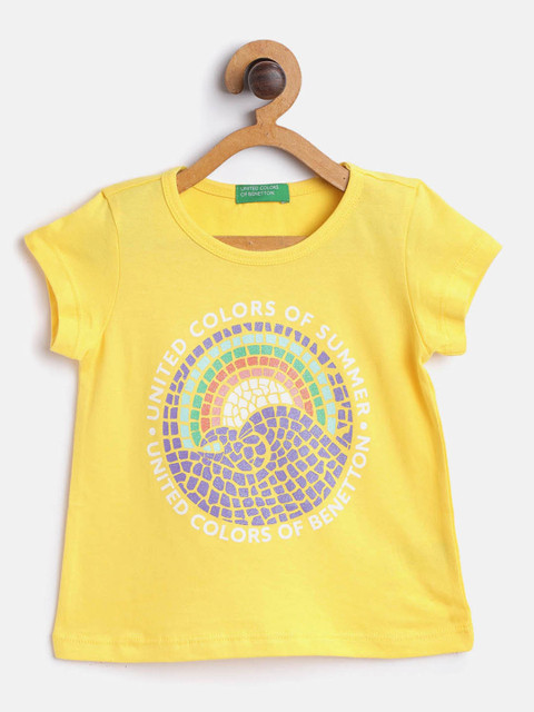 

United Colors of Benetton Girls Yellow Purple Cotton Mosaic Print Round Neck Pure Cotton T-shirt