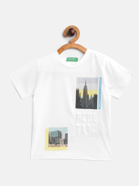 

United Colors of Benetton Boys White Black Cotton Printed Brand Logo Embossed Pure Cotton T-shirt