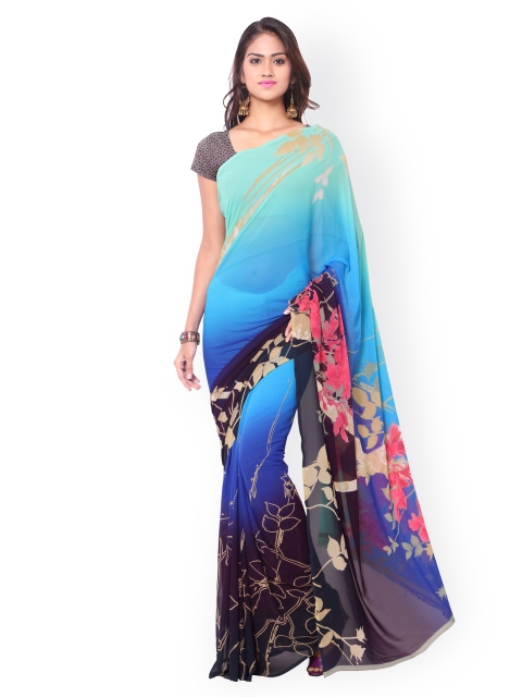 

Ligalz Blue Chiffon Floral Print Saree