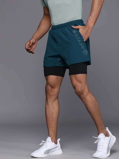 

WROGN ACTIVE Men Teal Blue Slim Fit Brand Logo Printed Layered Sports Shorts