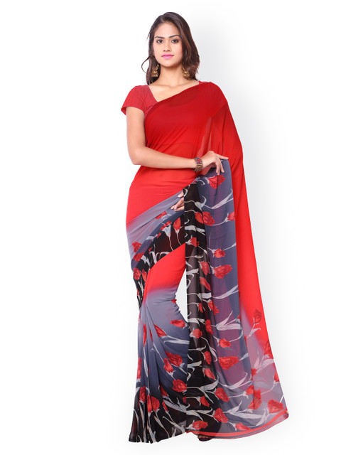 

Ligalz Red & Grey Chiffon Floral Print Saree