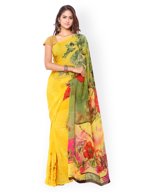 

Ligalz Yellow Chiffon Floral Print Saree