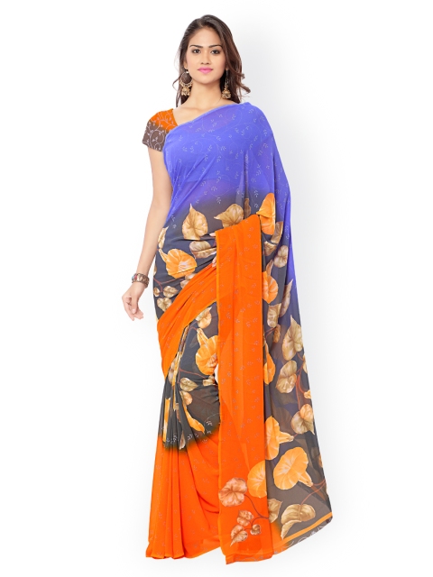 

Ligalz Blue & Orange Chiffon Floral Print Saree