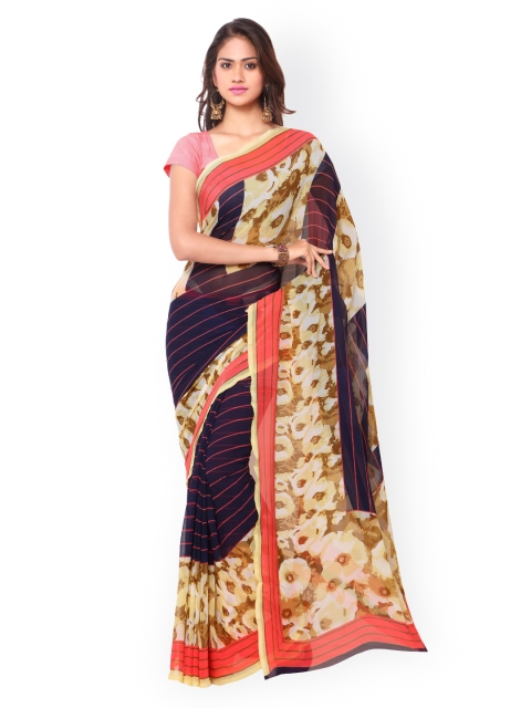 

Ligalz Navy Chiffon Floral Print Saree, Navy blue
